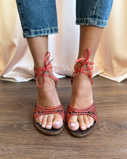 Bottega Veneta Red Leather Tie Up Heel Sandals