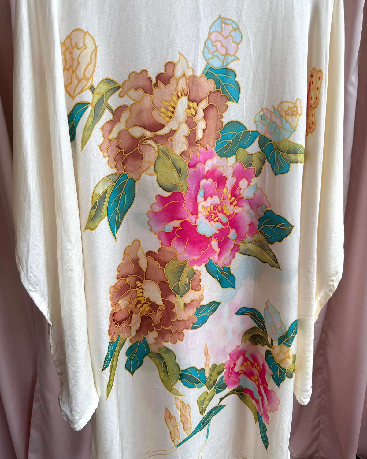 Hand Painted Floral Design 100% Silk Kaftan Dress
