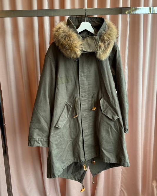United Bamboo Khaki Fox Fur Hood Lined Fishtail Parka Jacket