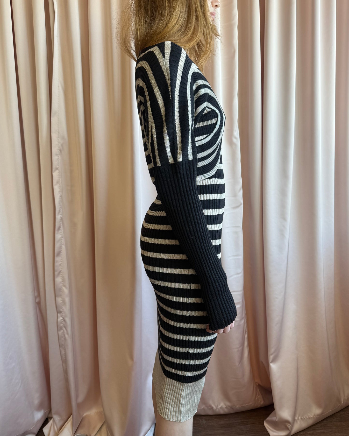 Jean Paul Gaultier Black & Beige Striped Long Sleeve Knit Dress