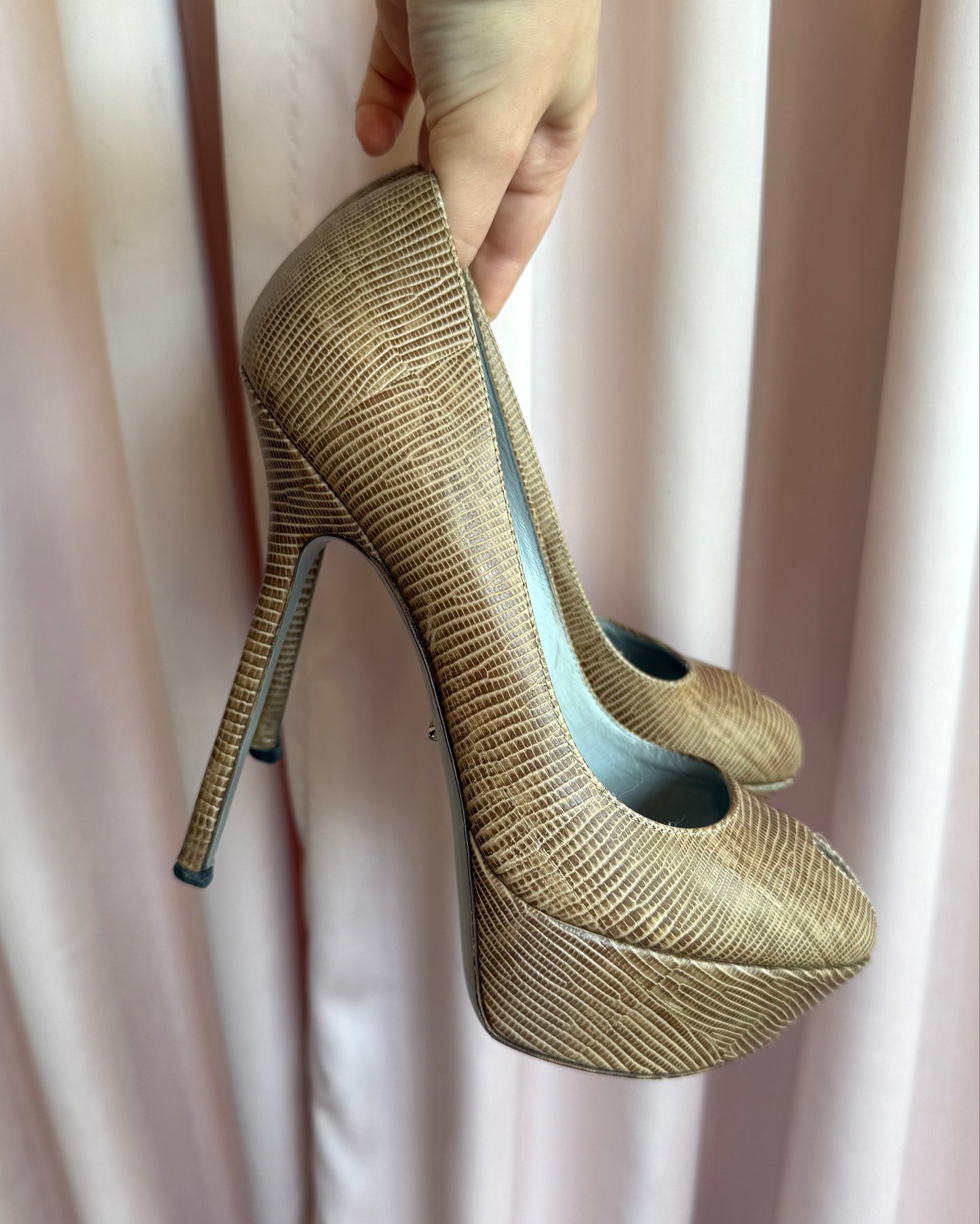 Sergio Rossi Snake Print Leather Peep Toe Pumps