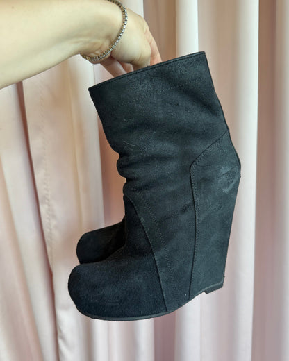 Rick Owens Black Suede Platform Wedge Boots