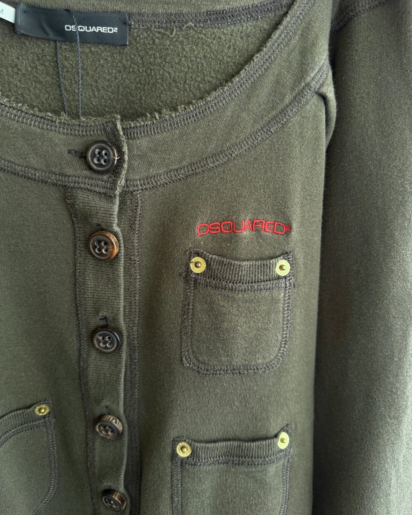 Dsquared² F/W 2007 Olive Green Button Up Off The Shoulder Sweatshirt