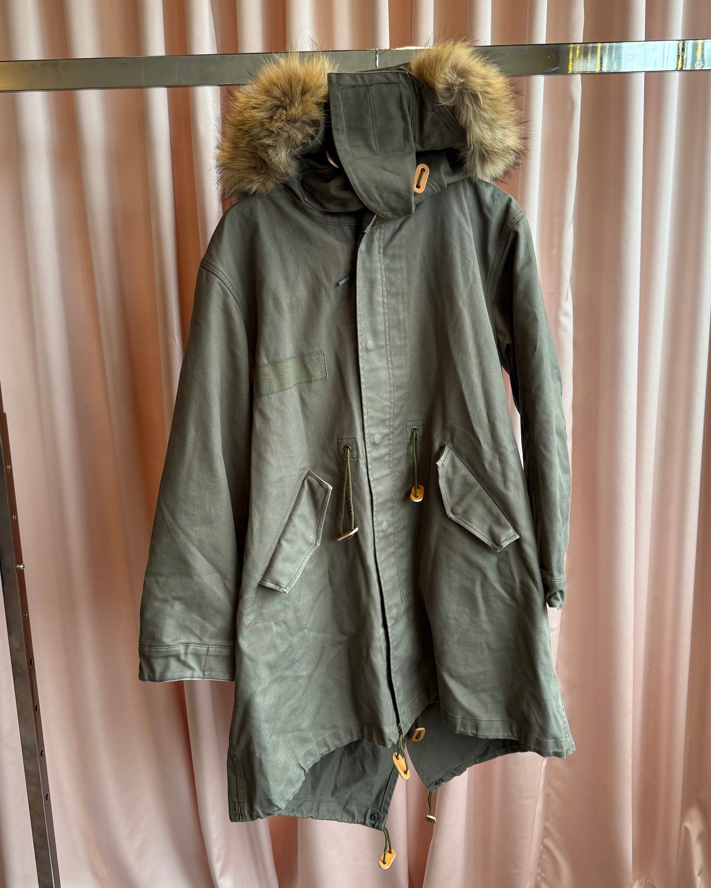 United Bamboo Khaki Fox Fur Hood Lined Fishtail Parka Jacket