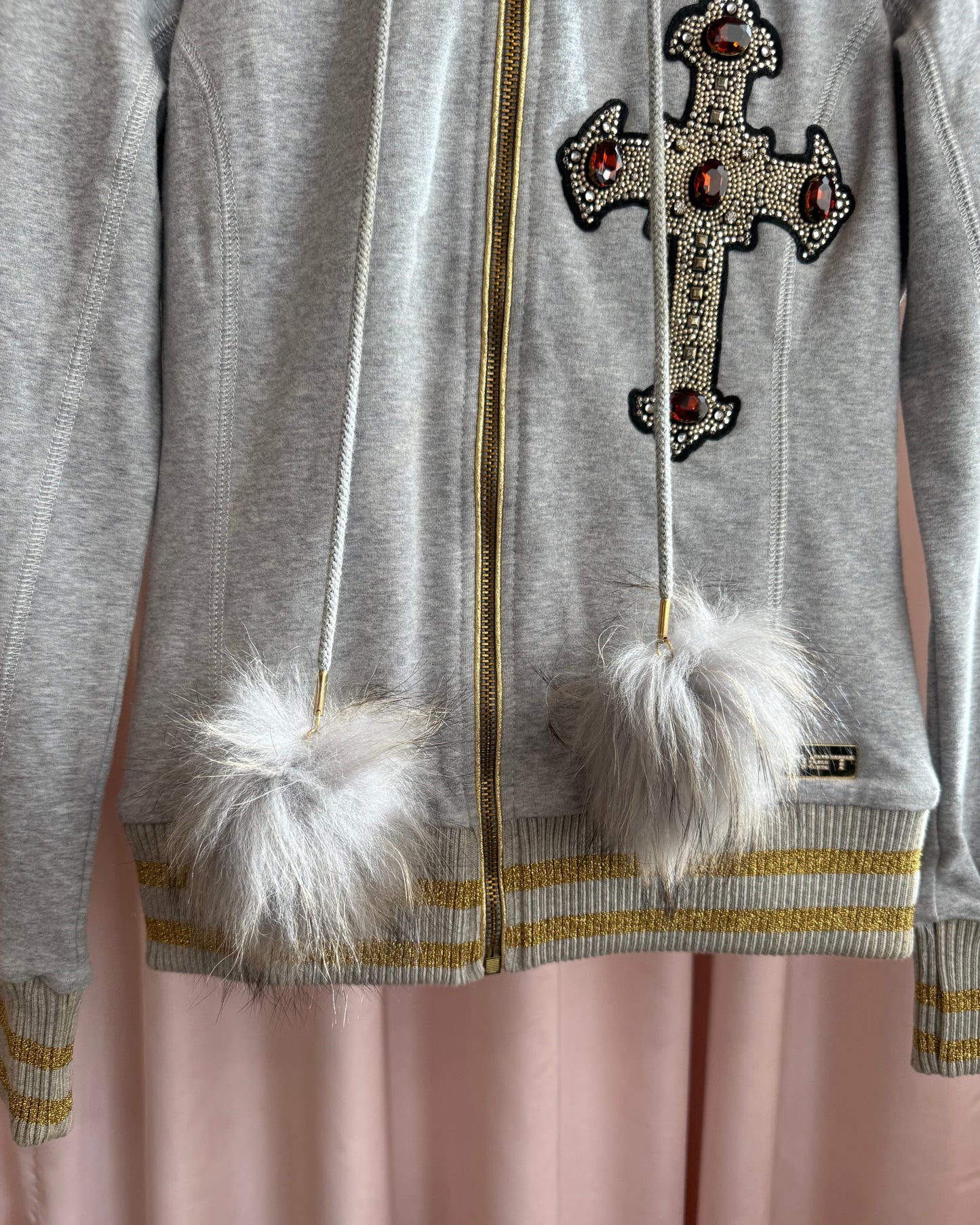 Italian Brand Deadstock Bejewelled Cross Faux Fur Lined Zip Up Hoodie