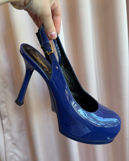 Saint Laurent YSL Cobalt Blue Patent Leather Slingback Tribtoo Pumps