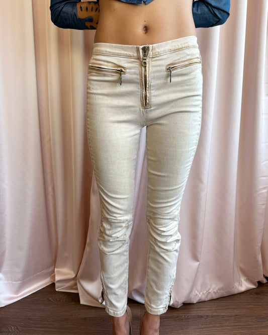 Plein Sud Jeanius Tan Moto Patch Skinny Denim