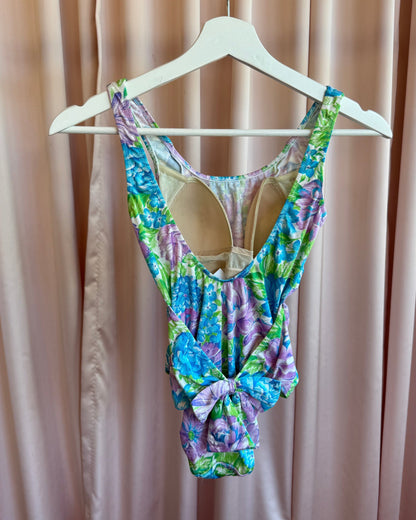Floral Print Low Cut Bow Back One Piece Swimsuit