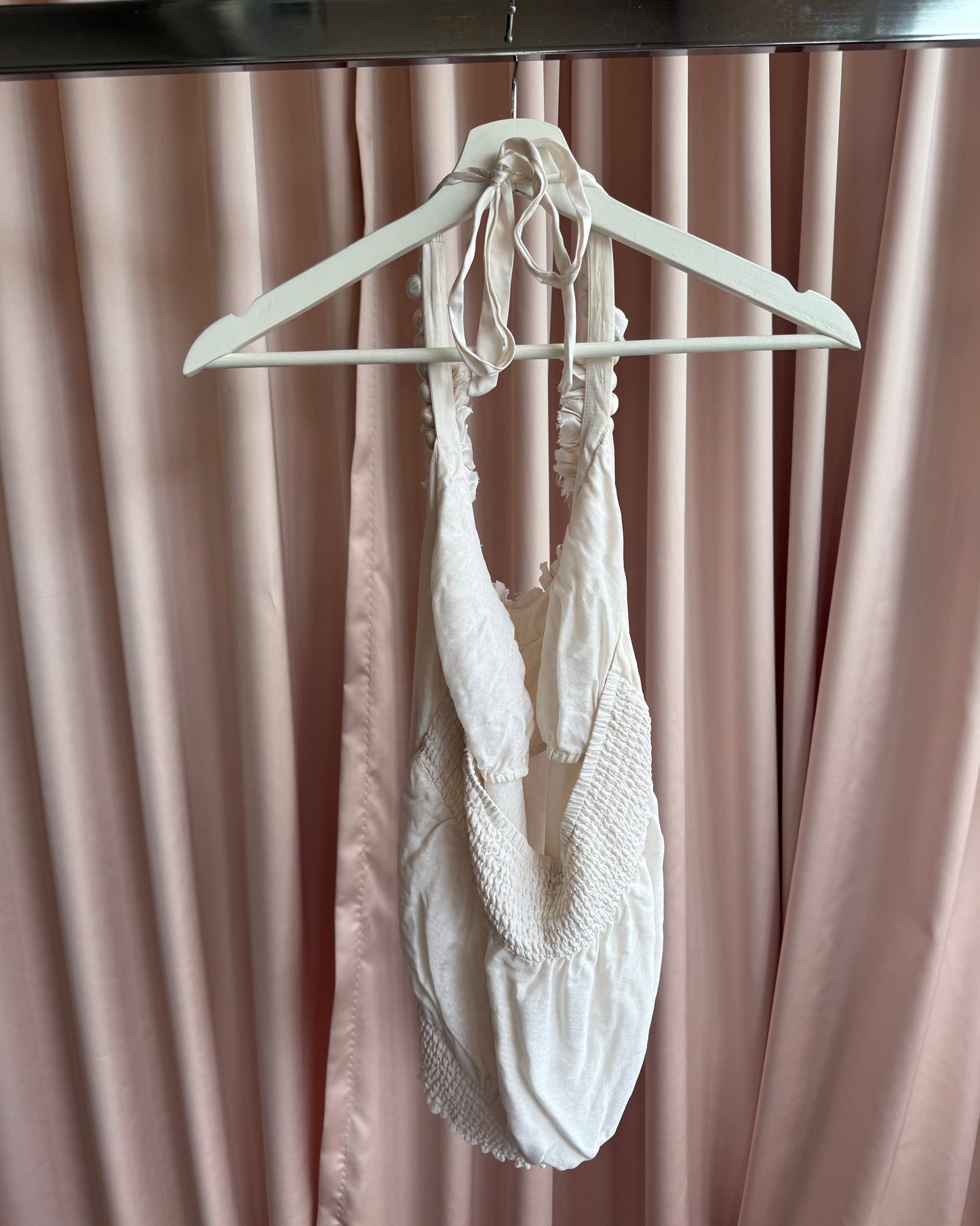 Bebe 100% Silk Embellished Cream Halter Top