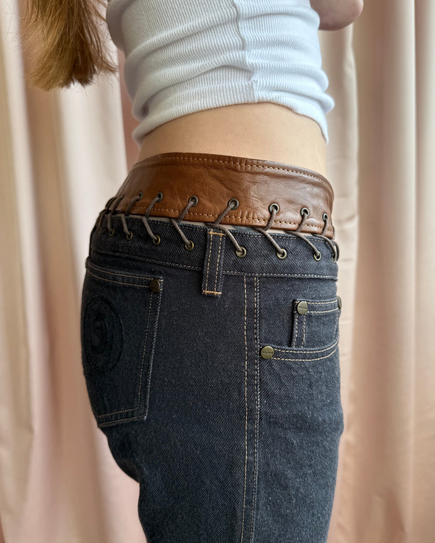 Alexander McQueen F/W 2002 Lace Up Leather Waistband Denim Skinny Jeans