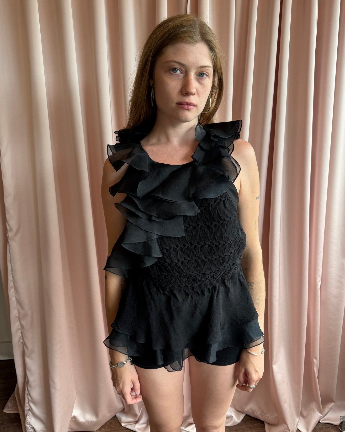 Diane Von Furstenberg Black Silk Asymmetrical Ruffle Bodysuit