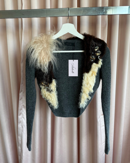 Japanese Brand Beaded Rabbit & Lamb Fur Collar Knit Shrug