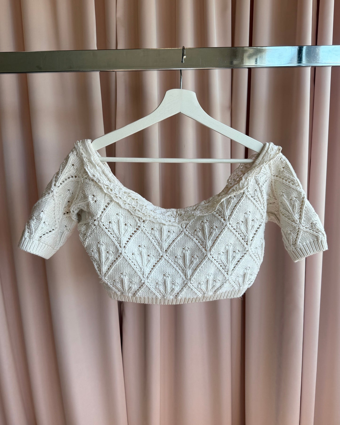 French Brand La Fée Maraboutée Cropped Cream Crochet Knit Top