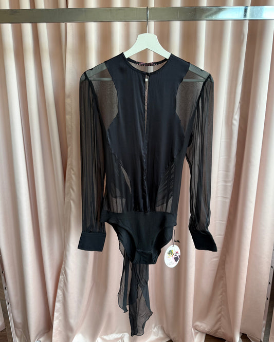 Italian Brand New W/ Tags Sheer Black Silk Keyhole Bodysuit