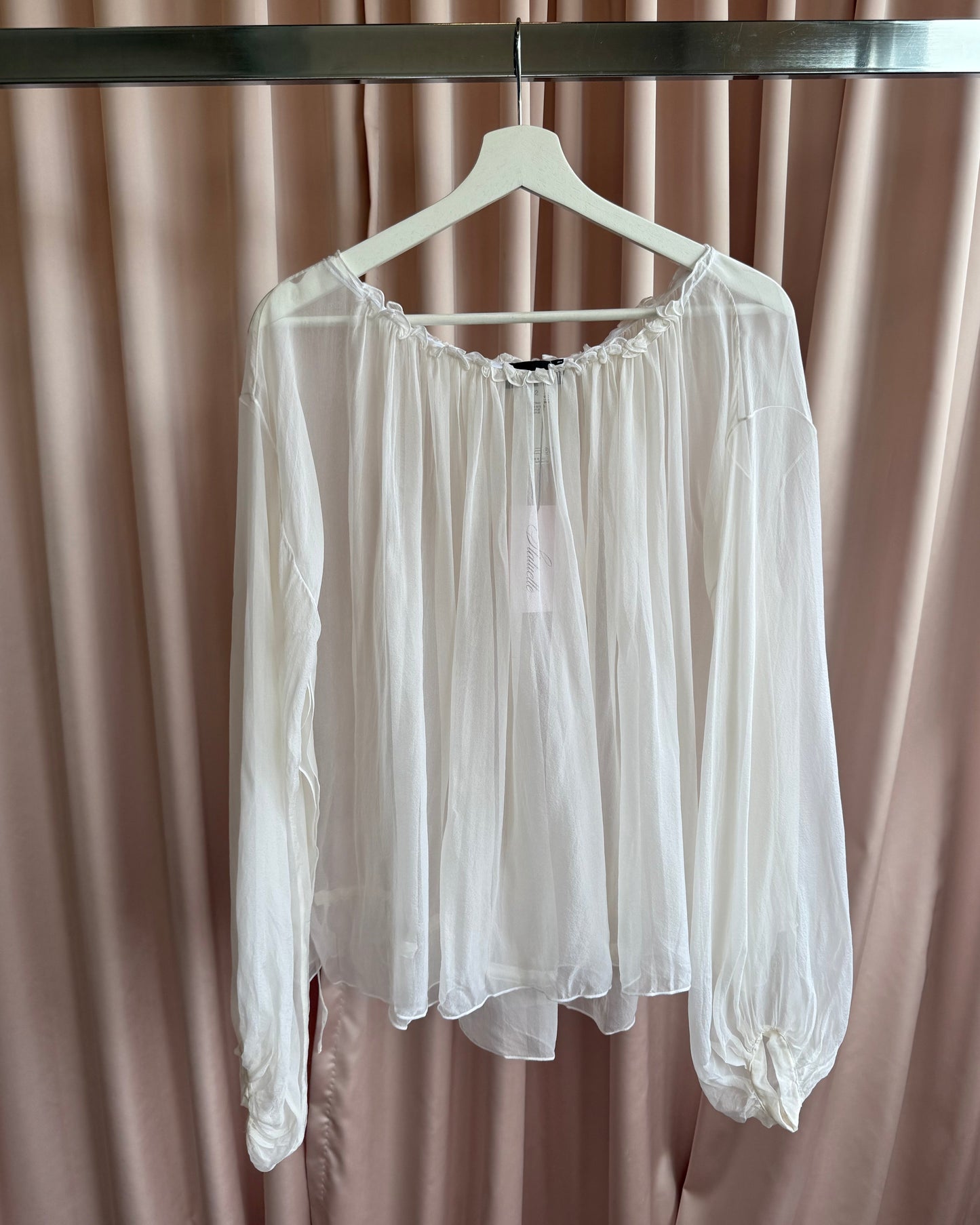 John Richmond Sheer White 100% Silk Bishop Sleeve Blouse