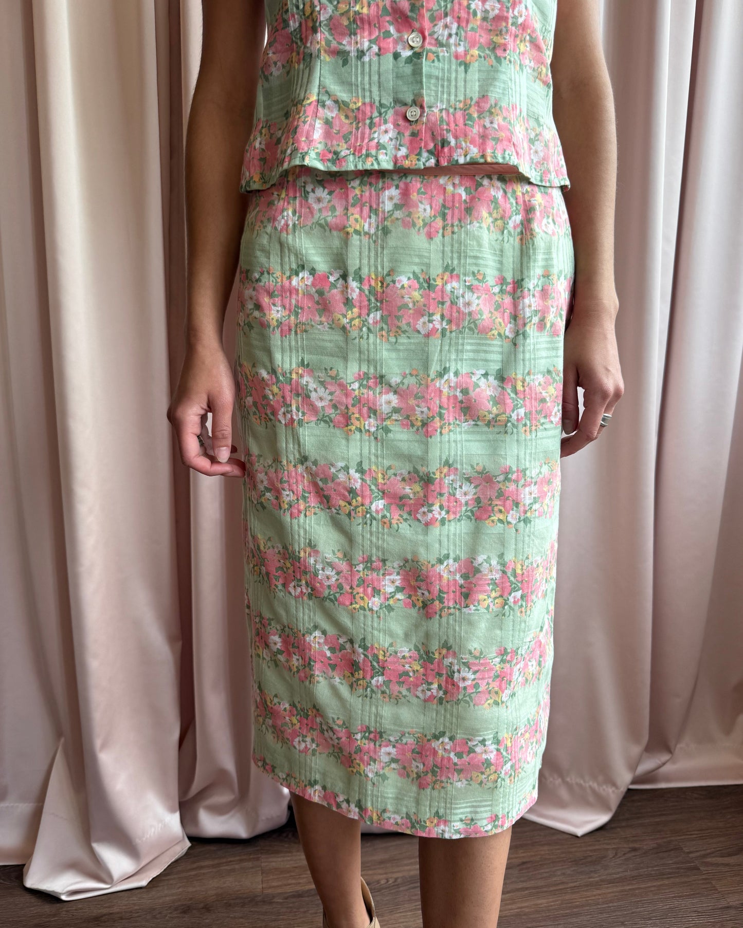 French Brand Floral Print Cotton Midi Skirt
