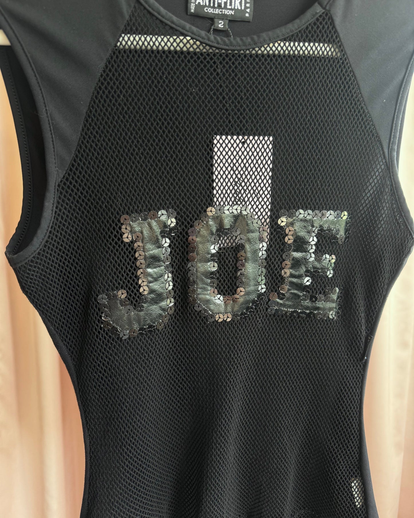 French Brand Black "Joe" Sequins Patch Spell Out Fishnet Tank Top