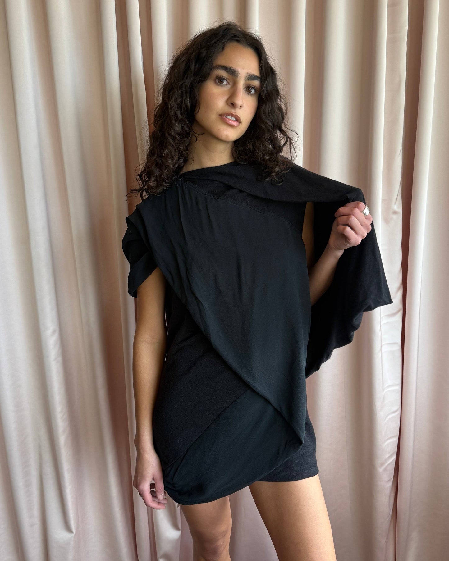 Rick Owens Lilies Wool & Silk Black Cape Sleeve Mini Dress