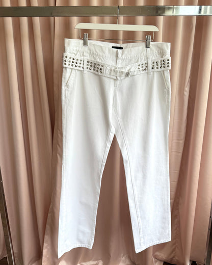 Richmond 'X' Cone Studded Grommet Belted White Pants