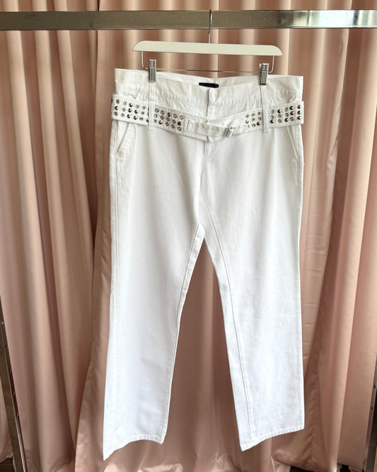 Richmond 'X' Cone Studded Grommet Belted White Pants