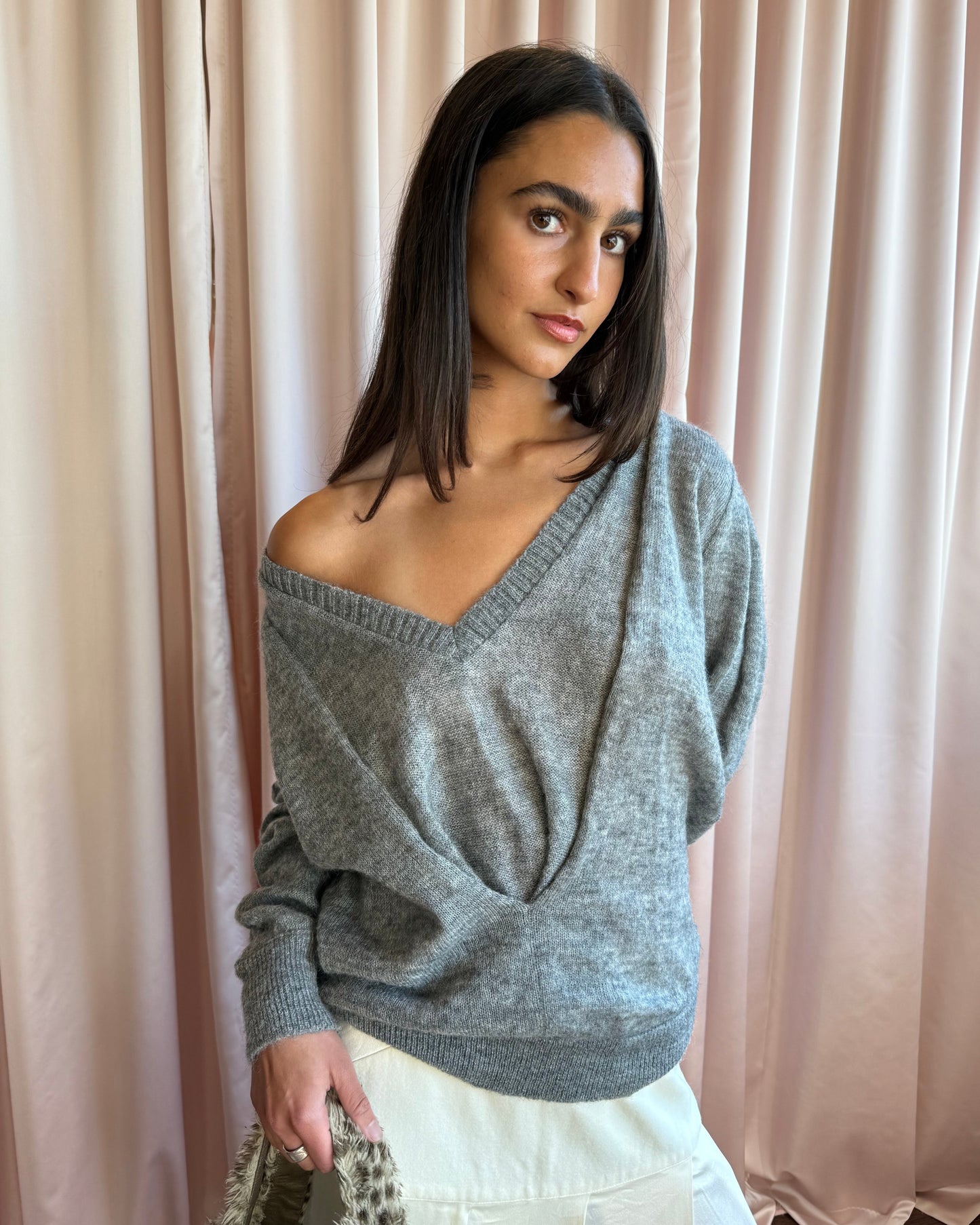 Antwerp Designer Mohair Blend Grey Double V-Neck Sweater
