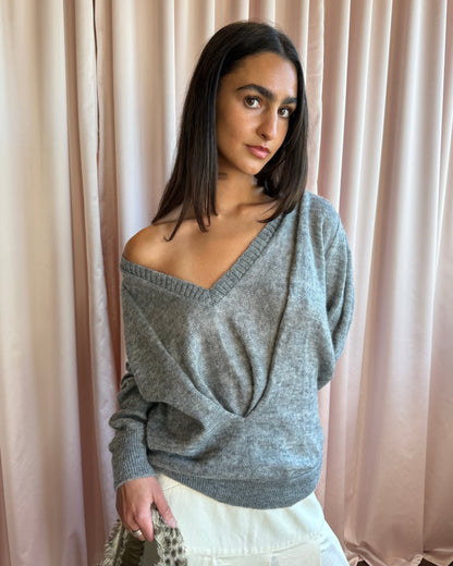 Antwerp Designer Mohair Blend Grey Double V-Neck Sweater