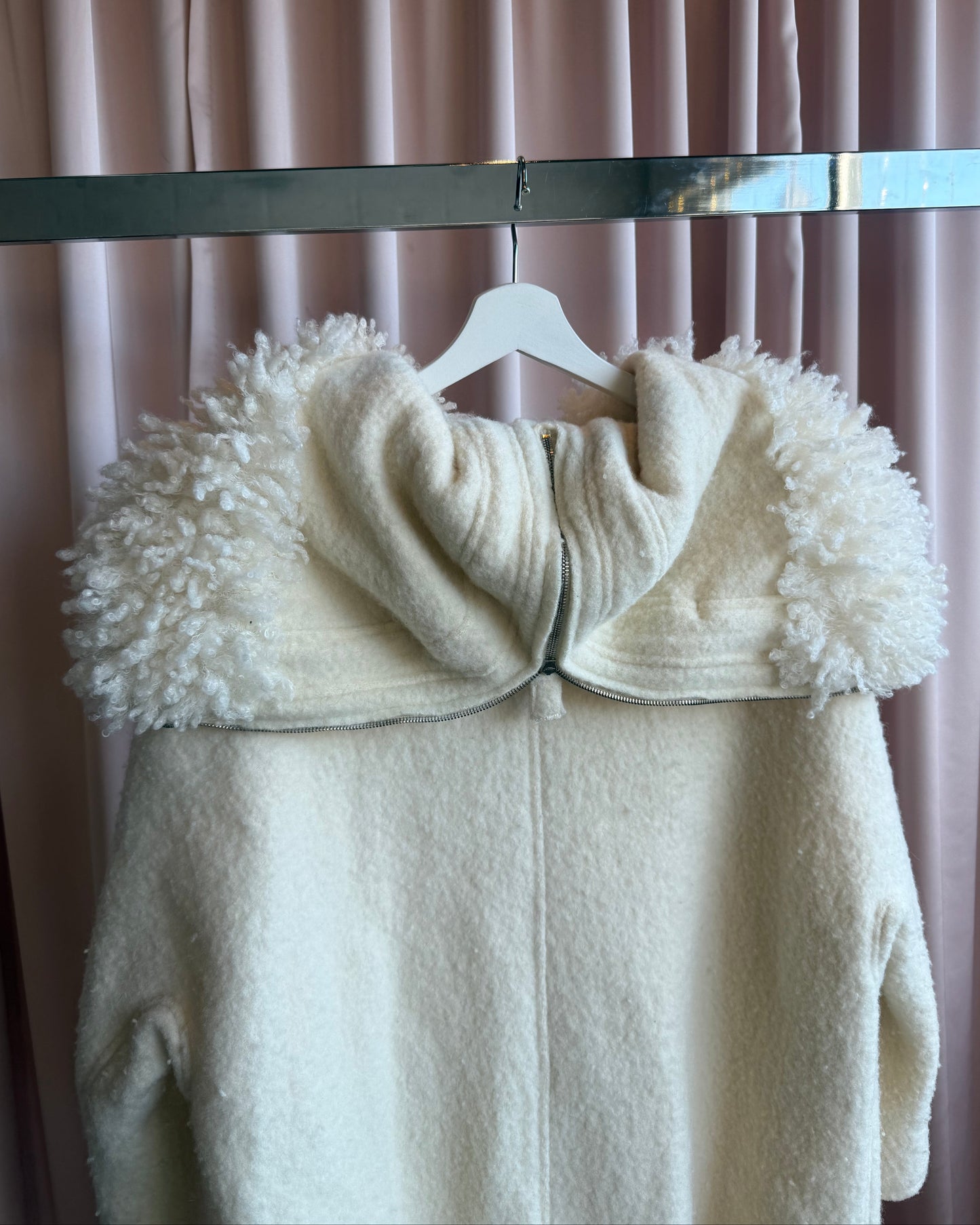 Italian Brand Ivory Wool Faux Fur Split Hood Coat