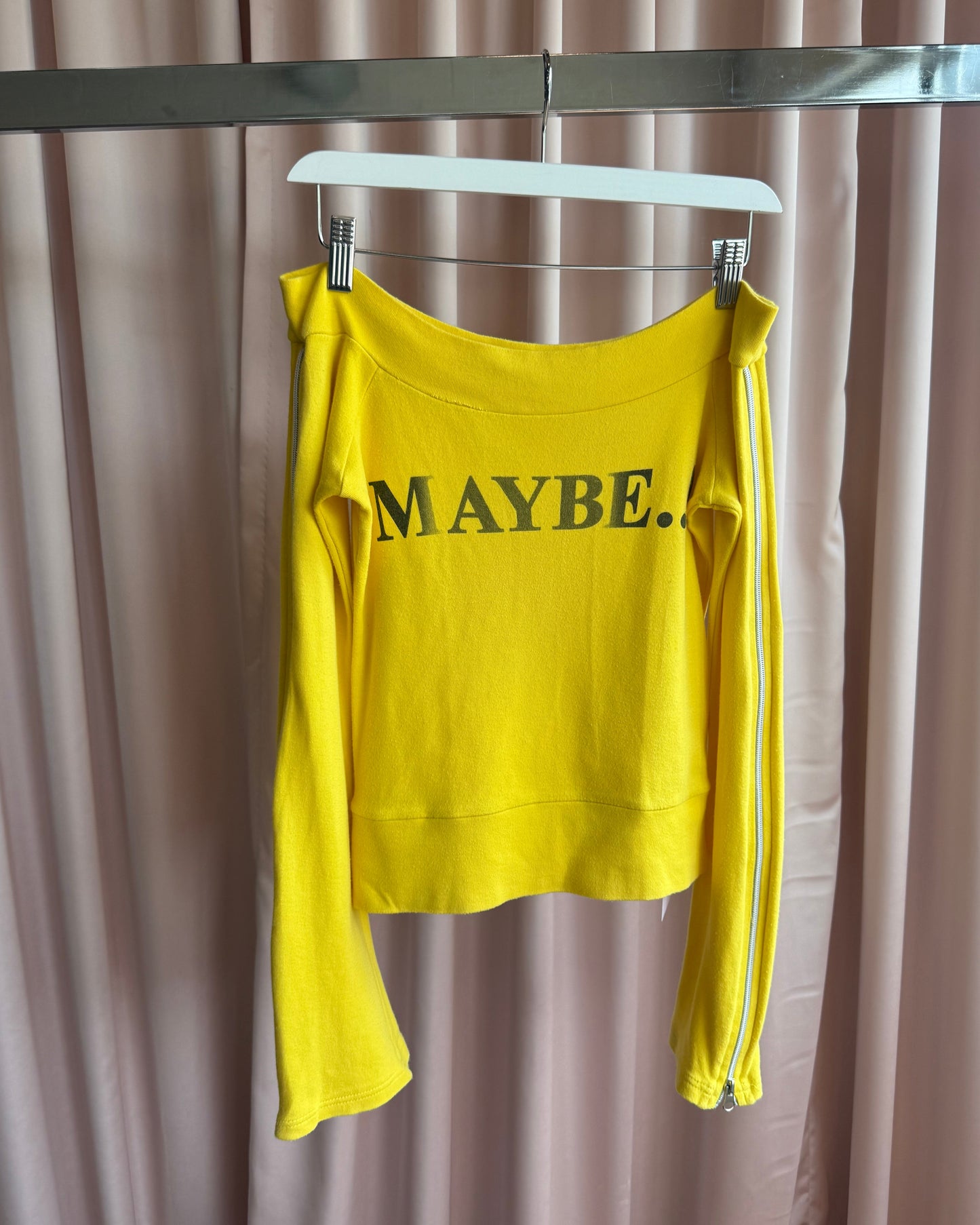 Yellow "Maybe..!" Off The Shoulder Zipper Long Sleeve Top