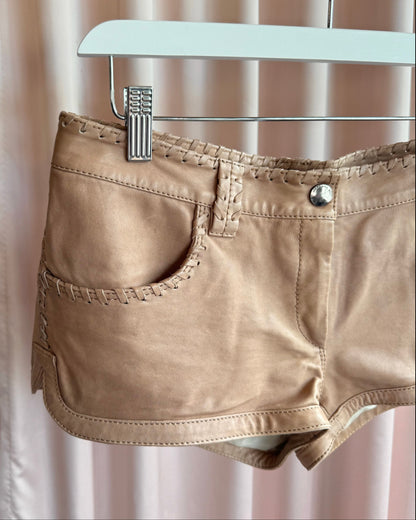 French Brand Tan Lambskin Leather Mini Shorts