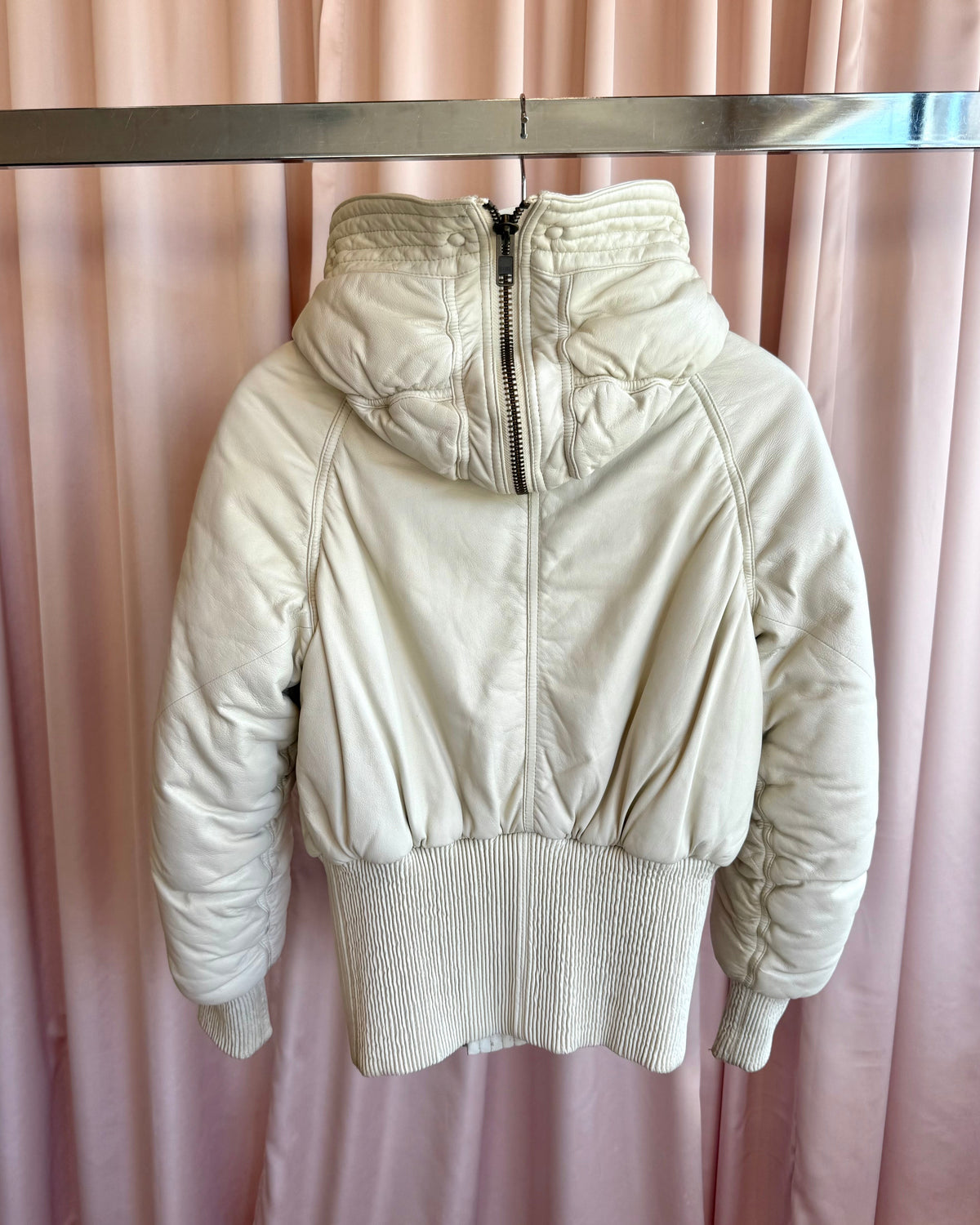 French Designer White Leather Hooded Bomber Jacket