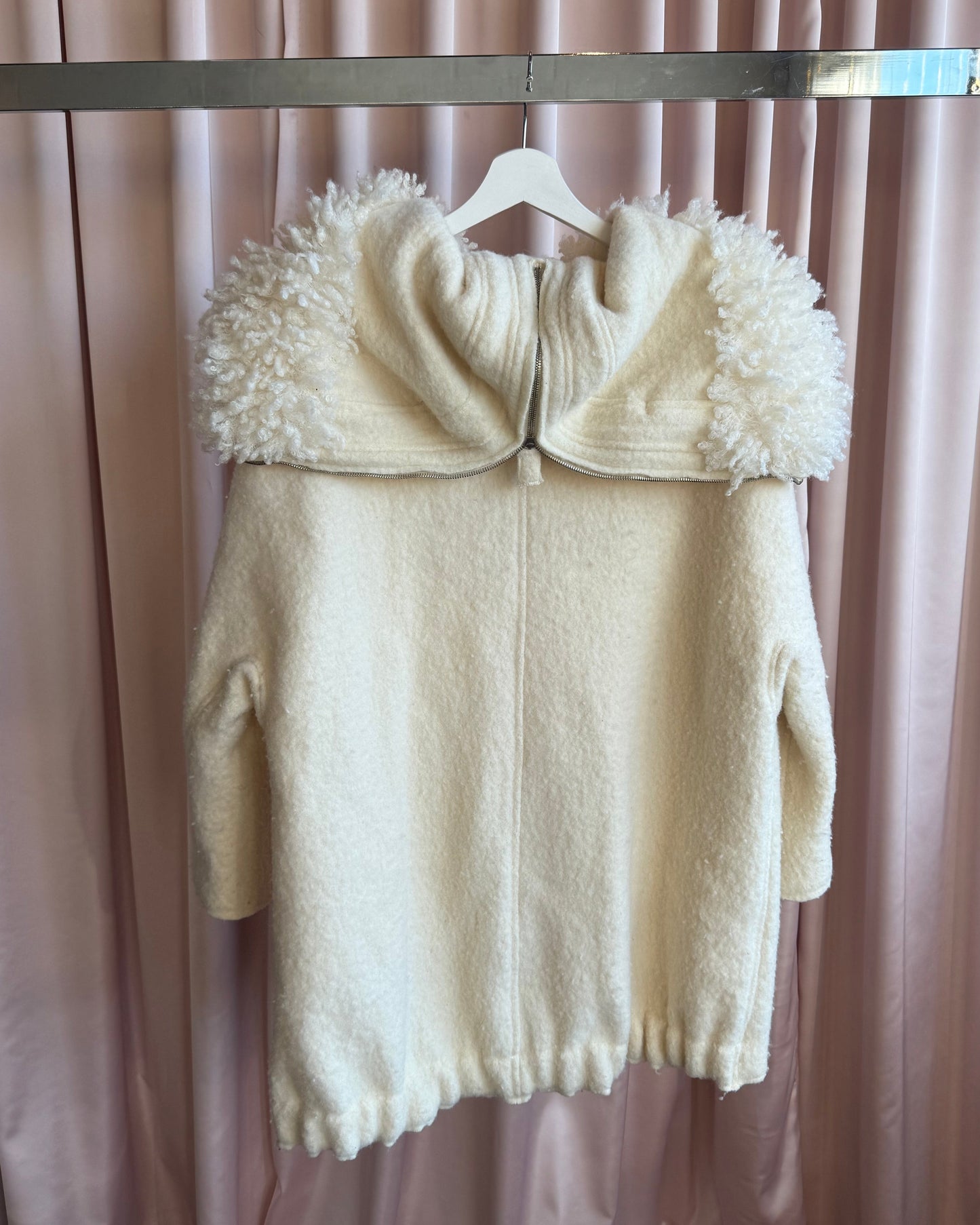 Italian Brand Ivory Wool Faux Fur Split Hood Coat