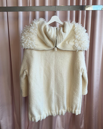 Italian Brand Ivory Wool Faux Fur Split Hood Coat