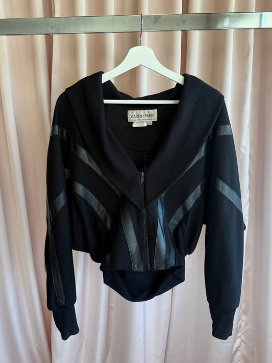 1980's Karen Perry Black Leather Trim Zip Up Sweater