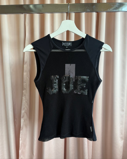 French Brand Black "Joe" Sequins Patch Spell Out Fishnet Tank Top