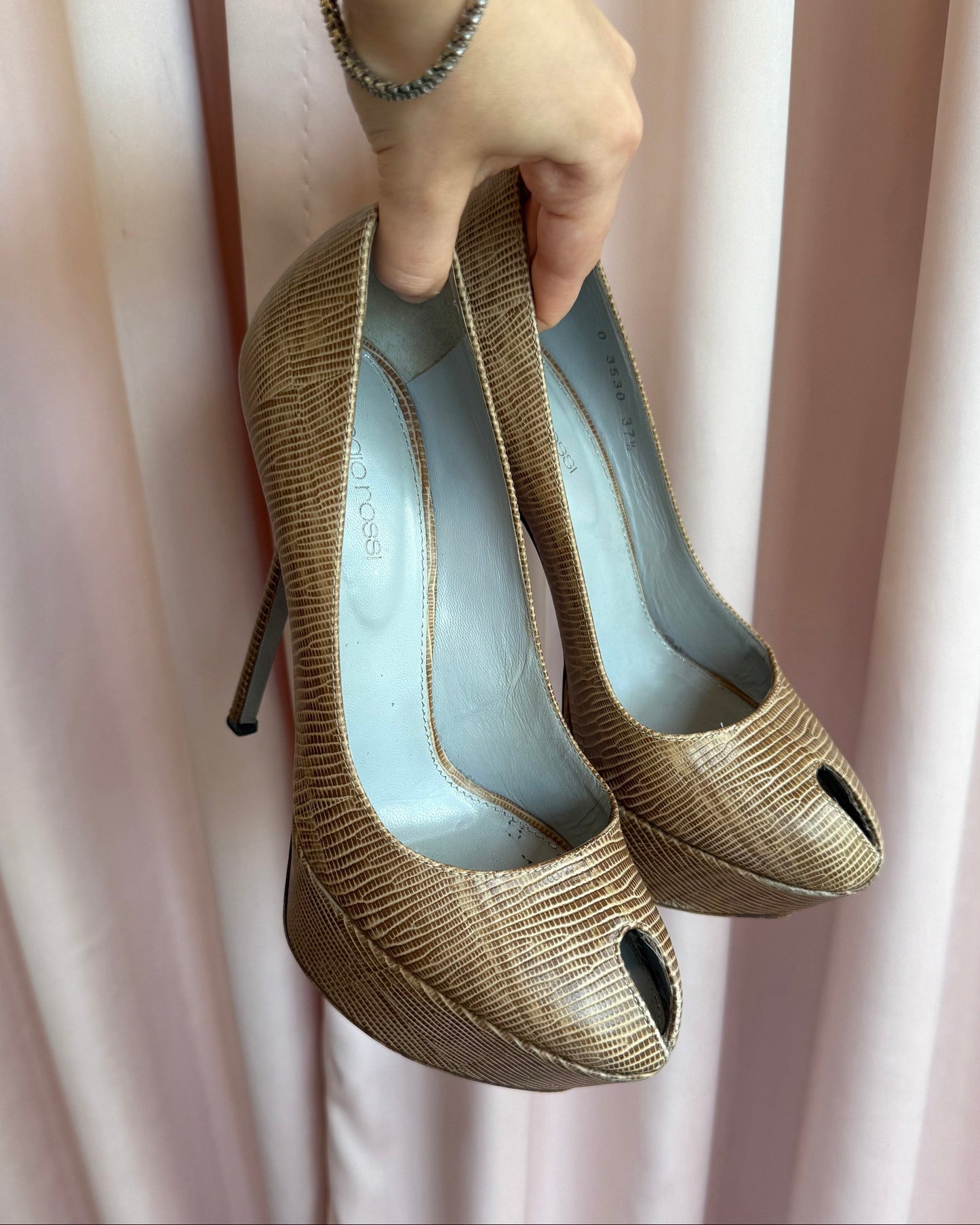 Sergio Rossi Snake Print Leather Peep Toe Pumps