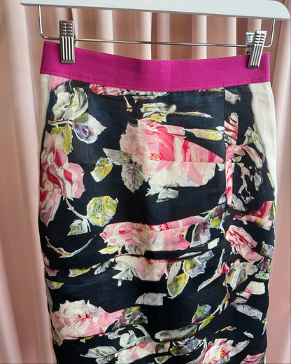 D&G Trompe L'Oeil Floral Print Silk Blend Midi Skirt