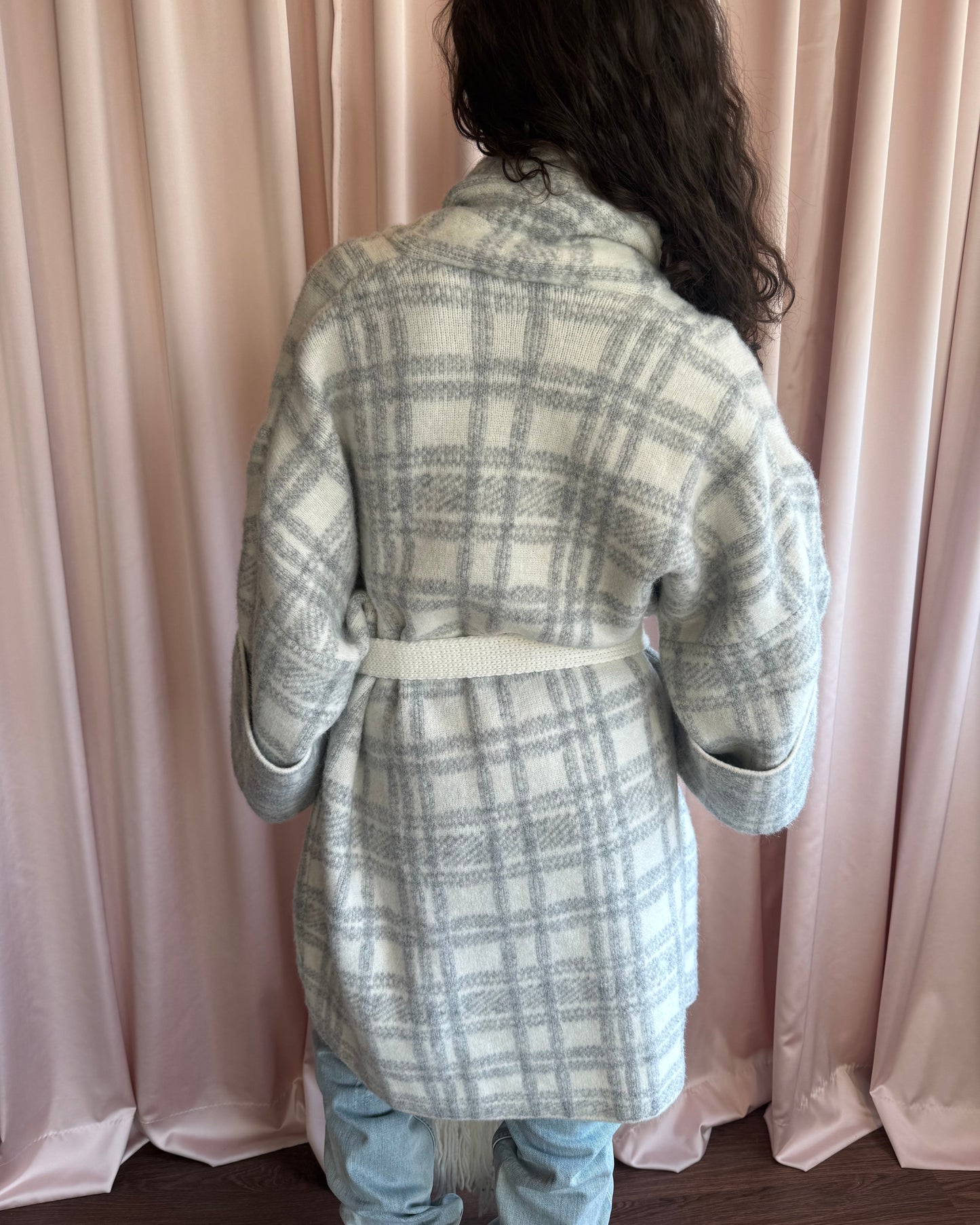 Diesel Grey & White Checkered Belted Long Knit Cardigan