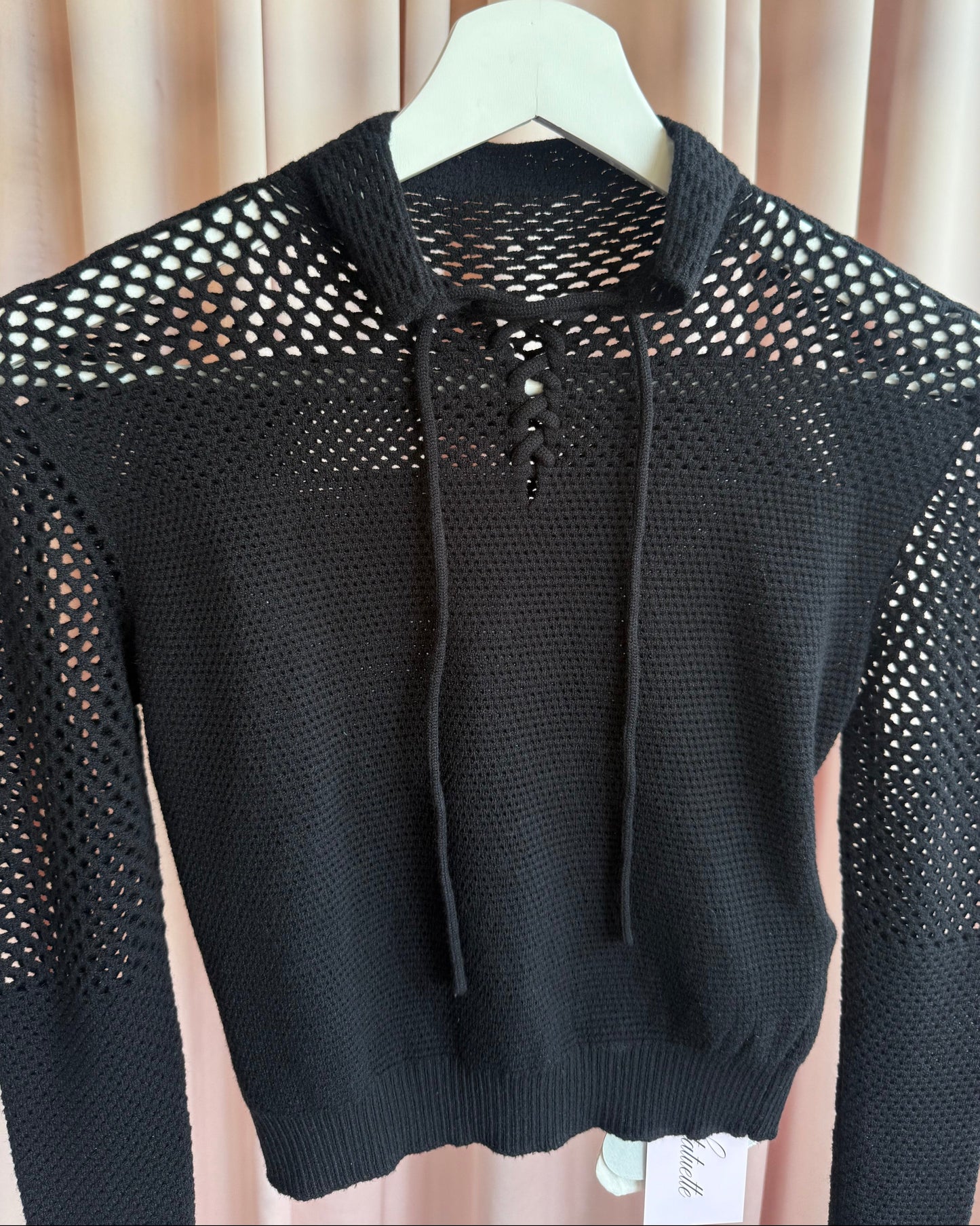 Isa Boulder Black Cropped Lace-Up Crocheted Polo
