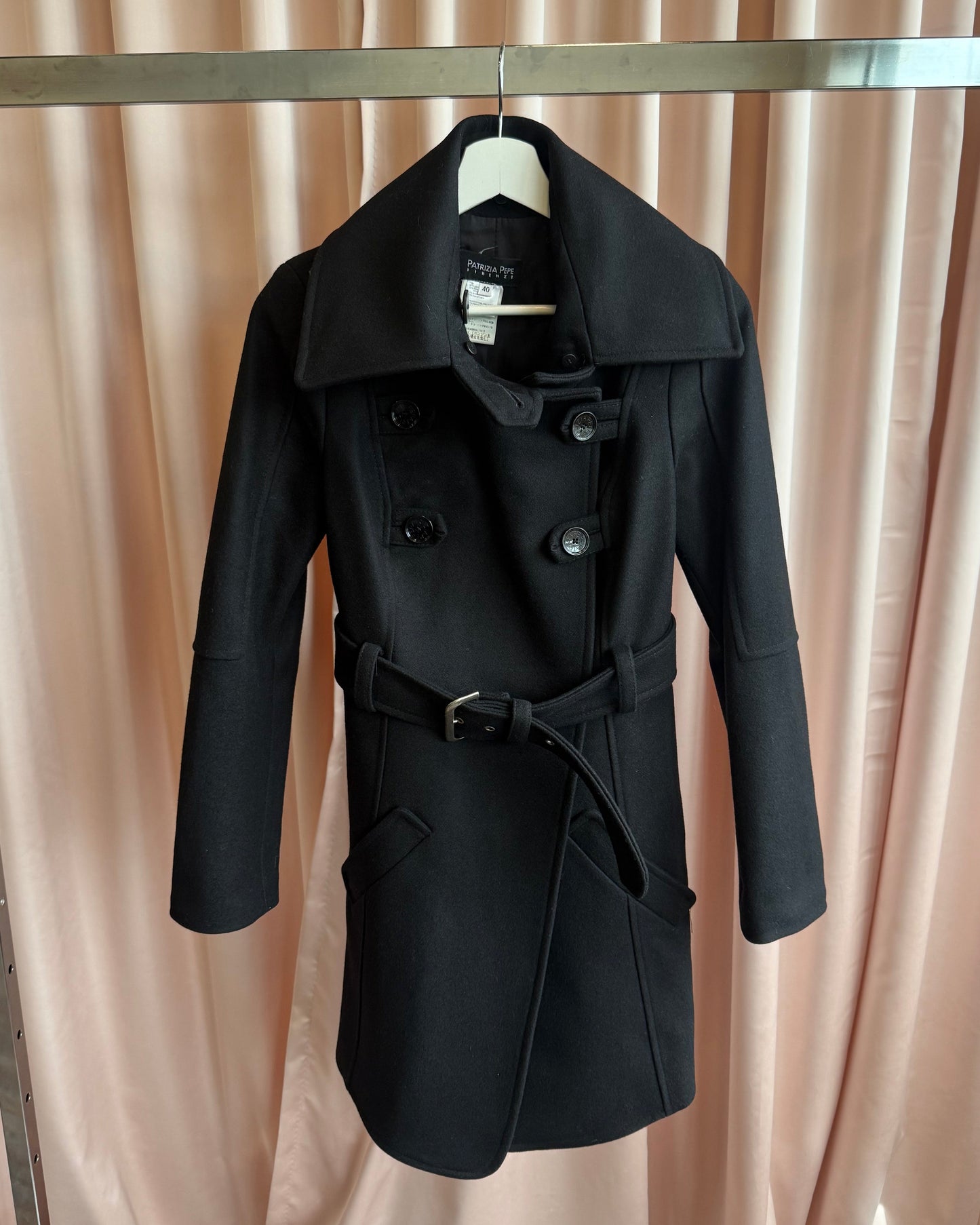 Patrizia Pepe Faux Fur Trim Double Breasted Black Wool Coat