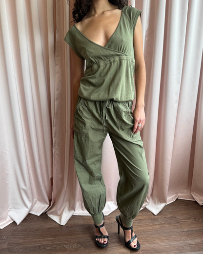 Italian Brand Army Green Cotton Surplice Jumpsuit