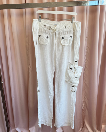 French Brand White Linen Low Rise Wide Leg Cargo Pants