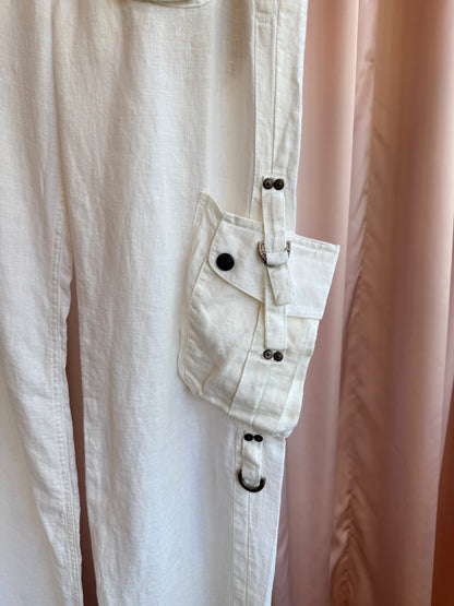 French Brand White Linen Low Rise Wide Leg Cargo Pants