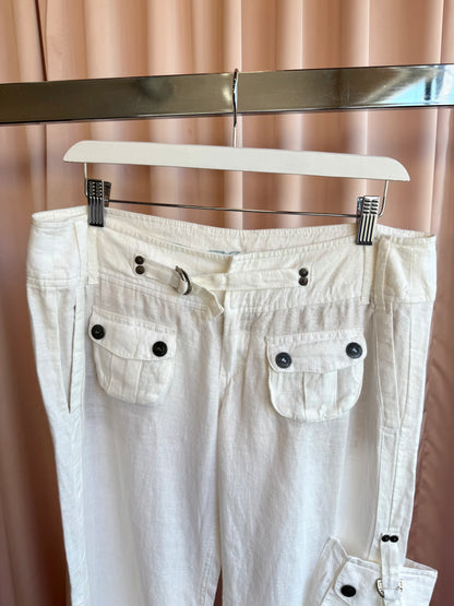 French Brand White Linen Low Rise Wide Leg Cargo Pants