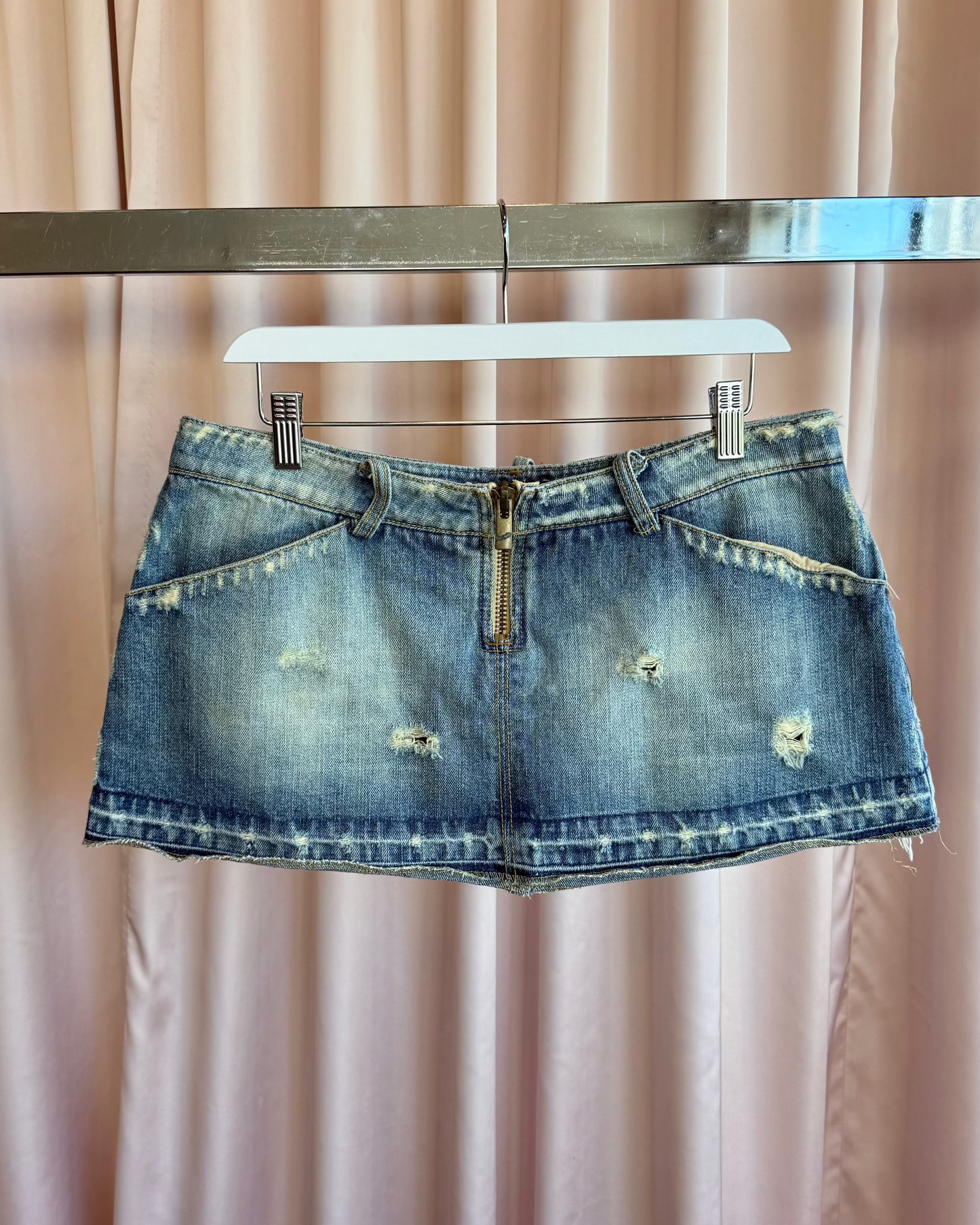Italian Brand Distressed Denim Exposed Zipper Low Rise Mini Skirt