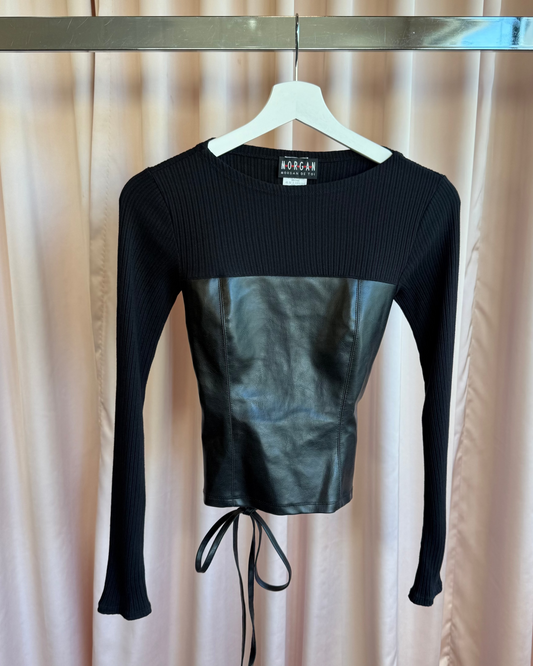 Morgan de Toi Black Faux Leather Corset Back Ribbed Long Sleeve Top
