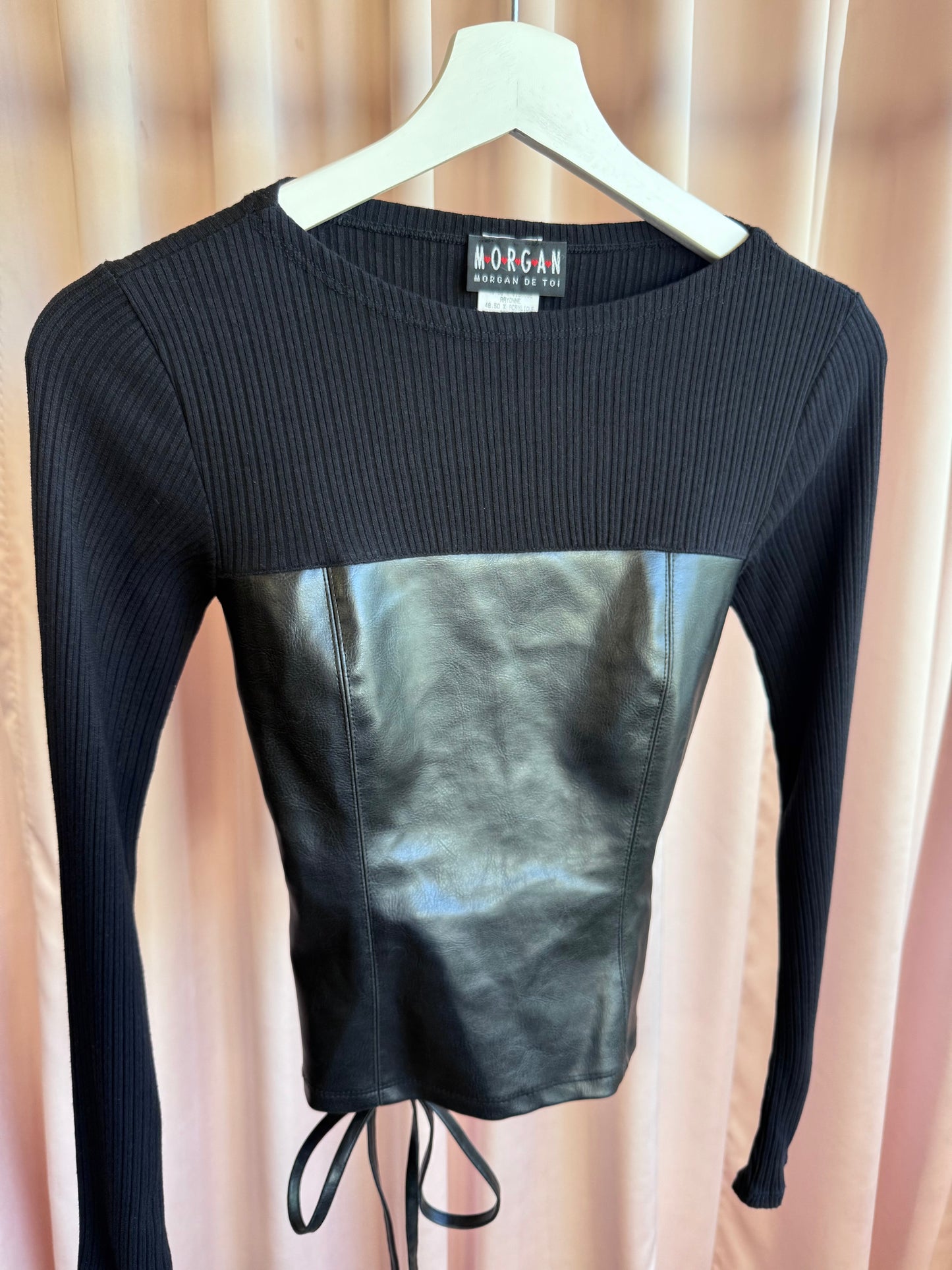 Morgan de Toi Black Faux Leather Corset Back Ribbed Long Sleeve Top