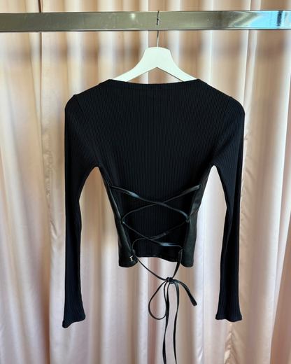 Morgan de Toi Black Faux Leather Corset Back Ribbed Long Sleeve Top