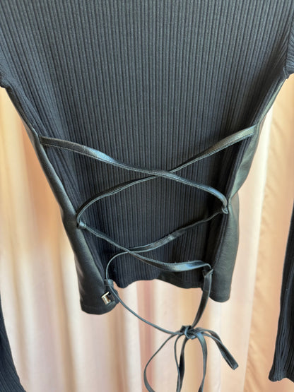 Morgan de Toi Black Faux Leather Corset Back Ribbed Long Sleeve Top