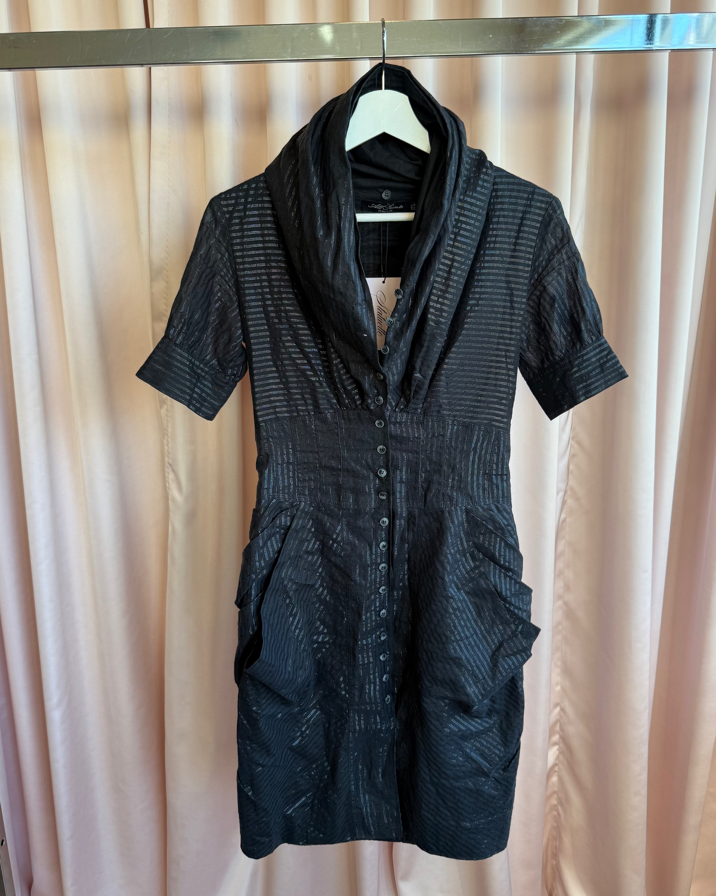 All Saints Black Shimmer Pinstripe Elma Shirt Dress