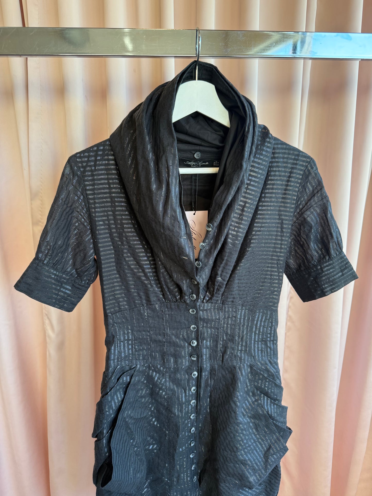 All Saints Black Shimmer Pinstripe Elma Shirt Dress